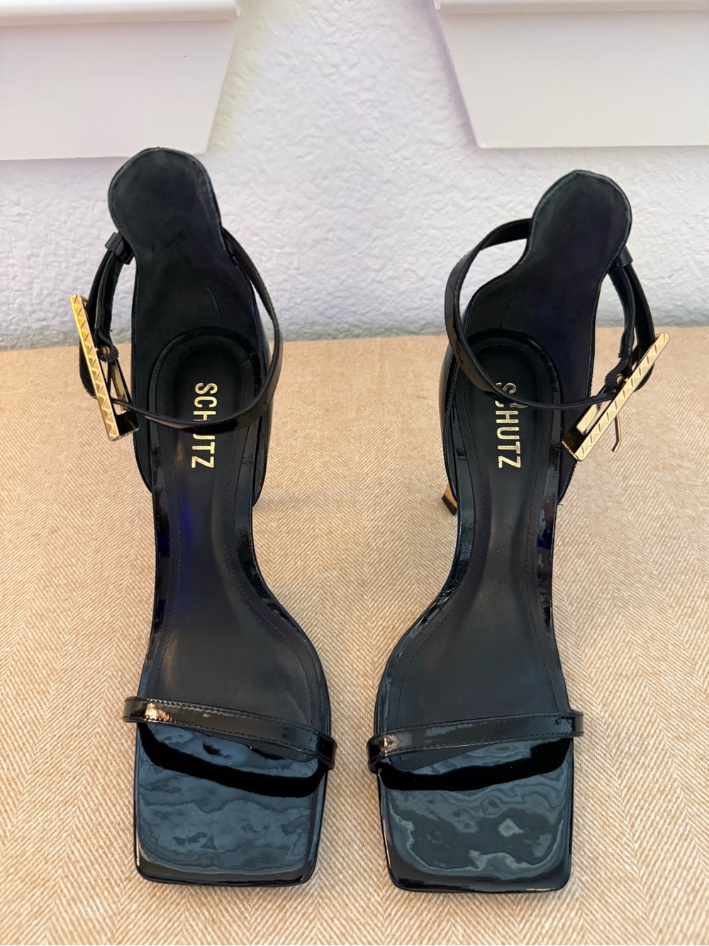 SCHUTZ Black Patent Leather Ankle-Strap Heels with Gold Buckles Size 9B